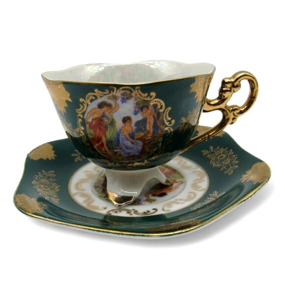 SHAFFORD Footed Tea Cup And Saucer With Victorian Scene Japan Vintage - Picture 2 of 12